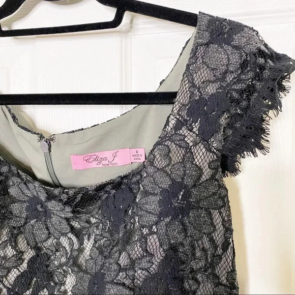 ELIZA J Black Floral Lace Sheath Cap Sleeves Cocktail Dress Sz 8 - Picture 2 of 6